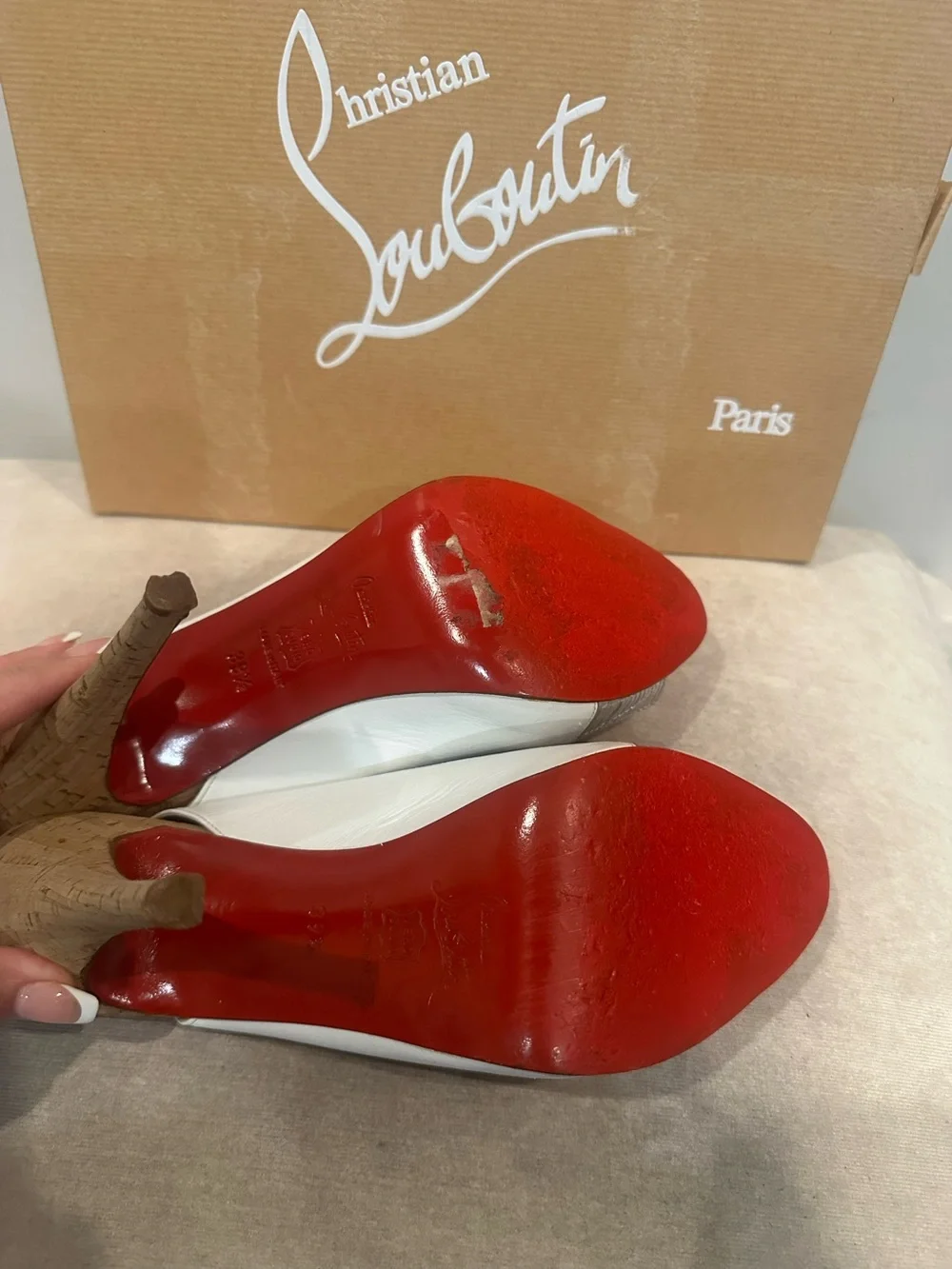 Christian Louboutin White and Silver Peep-Toe Slingback Heel